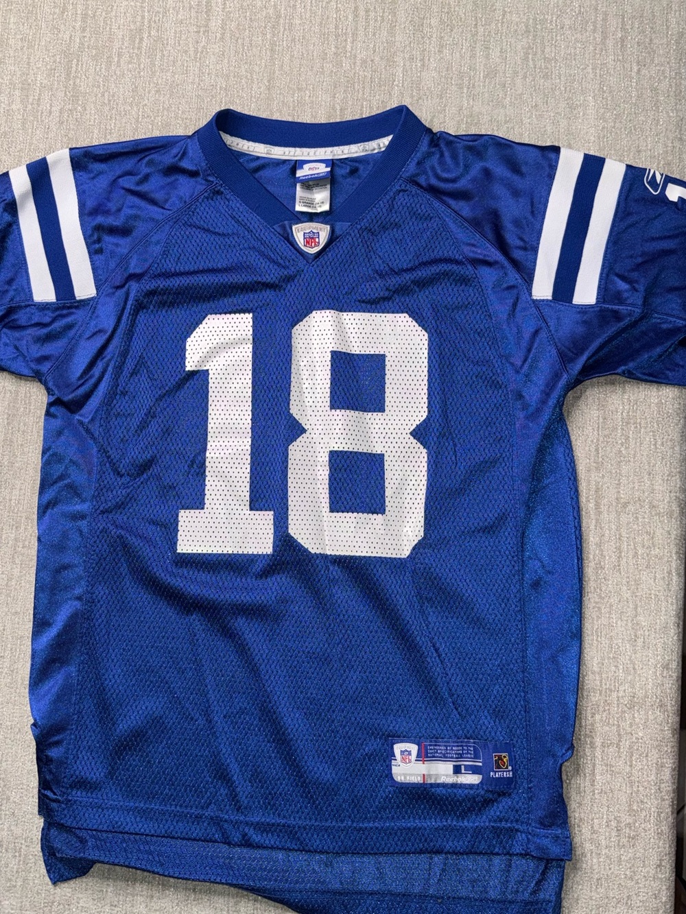 Reebok Royal Blue Kids Football Jersey with White Number 18 Manning